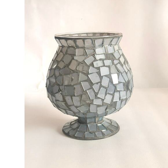 Vintage Mosaic Glass Pedestal Vase CandleHolder 8” tall Silvery Gray - Picture 7 of 7